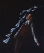 JAMES DONOVAN acrylic on canvas - leaning figure with paper aeroplanes on a dark background,