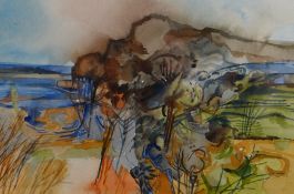 BERT ISAAC watercolour - coastal scene with trees and fields, entitled verso 'Orange Headland',
