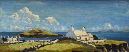 CHARLES WYATT WARREN early oil on board - Puffin Island off Anglesey with whitewashed cottage and