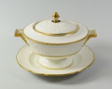 A SWANSEA PORCELAIN GILDED TUREEN, COVER & STAND, the tureen of circular pedestal form with