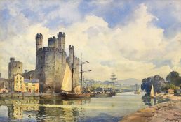 JOHN E AITKEN watercolour - the harbour at Caernarfon with numerous boats alongside eagle tower,