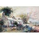 JOSEPH HUGHES CLAYTON watercolour - coastal cottage with figure feeding poultry etc, signed, 25 x