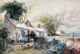 JOSEPH HUGHES CLAYTON watercolour - coastal cottage with figure feeding poultry etc, signed, 25 x