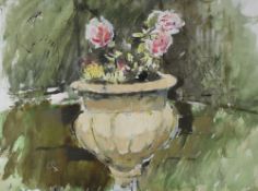 GORDON STUART watercolour - study of a garden urn with geraniums, signed with initials, 27 x 36cms