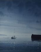 NAOMI TYDEMAN watercolour - entitled 'A Boat off Saundersfoot Jetty, with Night-time Reflections',