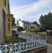 JANE CARPANINI watercolour - street scene with old Welsh houses and metal railings, entitled