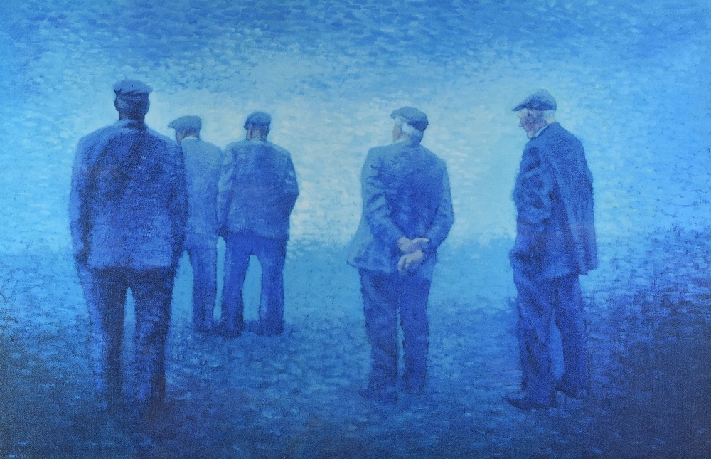 ANEURIN JONES coloured print - five standing farmers looking away, signed in pencil, 39 x 56cms