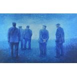 ANEURIN JONES coloured print - five standing farmers looking away, signed in pencil, 39 x 56cms