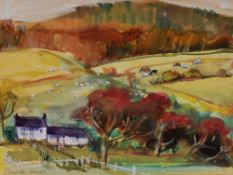 ELIZABETH HAINES mixed media - landscape with farm and livestock, signed, 24 x 32cms