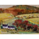 ELIZABETH HAINES mixed media - landscape with farm and livestock, signed, 24 x 32cms