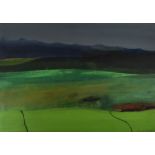 HELEN BAINES mixed media on board - landscape with mountain range, entitled verso 'Cwm Ystrad Llyn