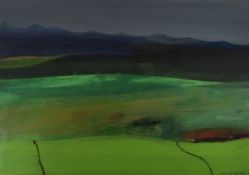 HELEN BAINES mixed media on board - landscape with mountain range, entitled verso 'Cwm Ystrad Llyn