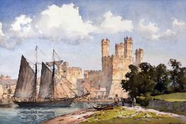 JOHN E AITKEN watercolour - Caernarfon Castle with a twin master entering the harbour, numerous