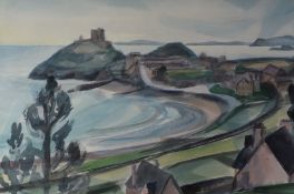 MERYL WATTS watercolour - the sweeping bay at Criccieth, North Wales, with the commanding castle and