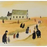 UNKNOWN WELSH SCHOOL watercolours, a pair - naive study of figures walking to an isolated chapel and