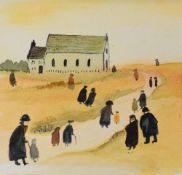 UNKNOWN WELSH SCHOOL watercolours, a pair - naive study of figures walking to an isolated chapel and