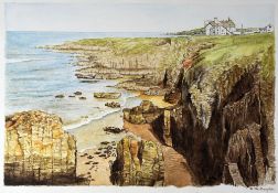 H DE BAUYCKER watercolour - Pembrokeshire coastline with cliff-top hotel, 26 x 37.5cms