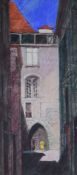 GILLIAN STILL (Welsh ceramicist) watercolour - historic Continental town, location unknown,