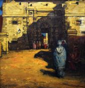 SIR FRANK BRANGWYN RA oil on board - Arabian street scene with figures, signed verso, 34 x 32cms