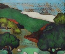 BERYL TURPIN enamel on copper - landscape and coast, entitled 'Coast and Farmland', signed verso, 18