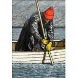 ALAN WILLIAMS acrylic on canvas - figure in red bobble hat leaning over his boat, entitled 'Mussel