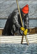 ALAN WILLIAMS acrylic on canvas - figure in red bobble hat leaning over his boat, entitled 'Mussel