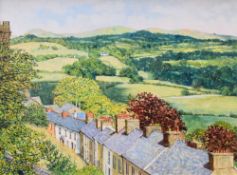 CHRISTOPHER HALL oil on board - terraced houses and their roof-tops with hills beyond, signed and