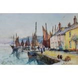 JOSEPH HUGHES CLAYTON watercolour - busy harbour scene with cottages, numerous figures and boats,