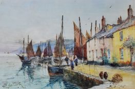 JOSEPH HUGHES CLAYTON watercolour - busy harbour scene with cottages, numerous figures and boats,