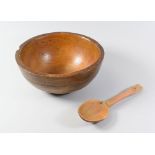 A WELSH BEECH-WOOD TREEN BOWL of deep form, 20cms diam together with a simple cawl spoon with letter