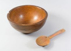 A WELSH BEECH-WOOD TREEN BOWL of deep form, 20cms diam together with a simple cawl spoon with letter