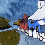 PETER MORGAN acrylic - Pembrokeshire cottages and coastal inlet, entitled verso 'Penyraber Road,