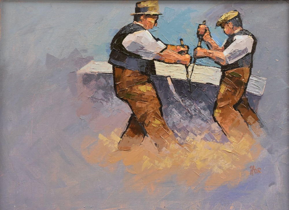 IFOR PRITCHARD oil on canvas - two quarrymen at work at a table, signed, 44 x 59cms