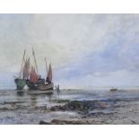 JOSEPH HUGHES CLAYTON watercolour - coastal scene with beached boats and figures, signed, 23 x