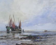 JOSEPH HUGHES CLAYTON watercolour - coastal scene with beached boats and figures, signed, 23 x