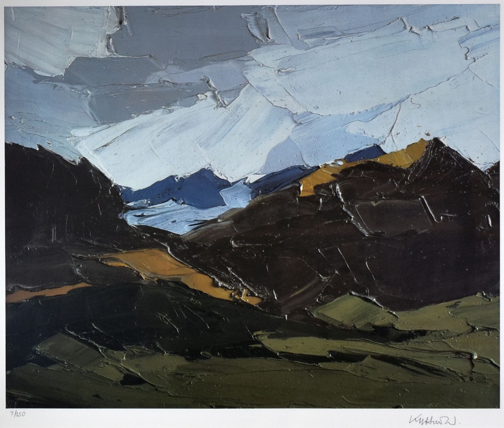 SIR KYFFIN WILLIAMS RA coloured limited edition (7/250) print - Snowdonia mountains, signed in full,