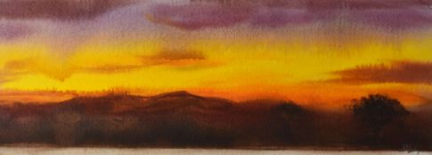 DAVID LLOYD GRIFFITH watercolour - sunset over landscape with trees entitled verso 'Orange Glow,