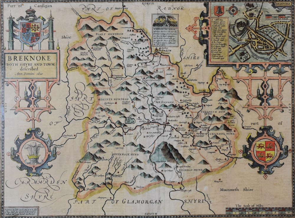 JOHN SPEED coloured and tinted antiquarian map - entitled 'Breknoke - both Shyre and Towne