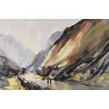 AUBREY PHILLIPS watercolour - figures walking in Snowdonia, entitled verso 'Rainy Day, Llanberis