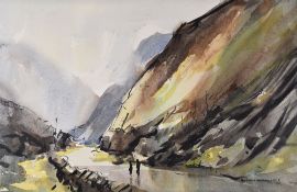 AUBREY PHILLIPS watercolour - figures walking in Snowdonia, entitled verso 'Rainy Day, Llanberis