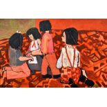 CLAUDIA WILLIAMS oil on board - four children playing together with red background entitled verso '
