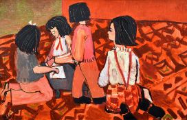 CLAUDIA WILLIAMS oil on board - four children playing together with red background entitled verso '