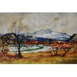 MOSS WILLIAMS watercolour - Snowdon under snow with Lake Nantlle, signed and dated 1952 and with