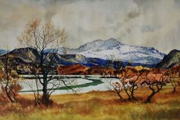 MOSS WILLIAMS watercolour - Snowdon under snow with Lake Nantlle, signed and dated 1952 and with