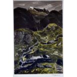 SIR KYFFIN WILLIAMS RA coloured print - Snowdonia landscape with cottages at the base of the