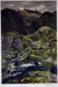 SIR KYFFIN WILLIAMS RA coloured print - Snowdonia landscape with cottages at the base of the