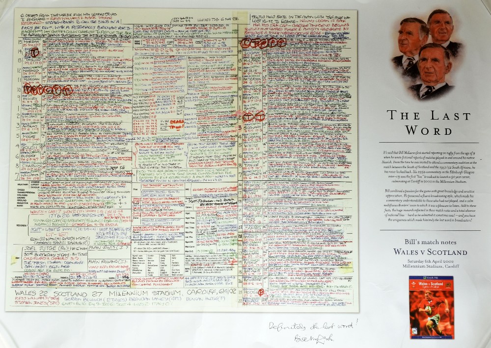 BILL McLAREN coloured print - match commentary notes for Wales v Scotland, 6th April 2002, 42 x