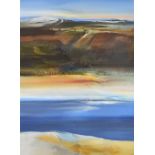 KAREN PEARCE oil on canvas - reservoir with the Cambrian mountain range, entitled verso 'Nant y Moch