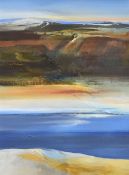KAREN PEARCE oil on canvas - reservoir with the Cambrian mountain range, entitled verso 'Nant y Moch