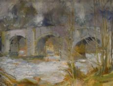ANTHONY MORRIS oil on board - river scene with bridge and trees, entitled verso 'River Usk,